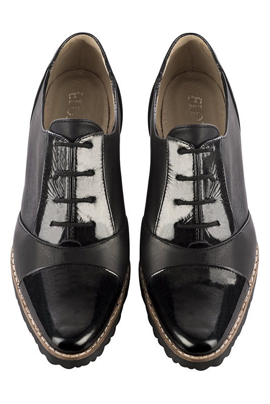 Gloss black women's casual lace-up shoes. Round toe. Flat rubber soles. Top view - Florence KOOIJMAN